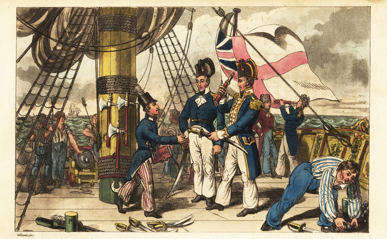 Kaptein Spring gjør Midshipman Newcome til sin aide-de-camp og gir ham sverdet sitt på kvartdekket til HMS Victory av Charles (c.1797 1850) (after) Williams