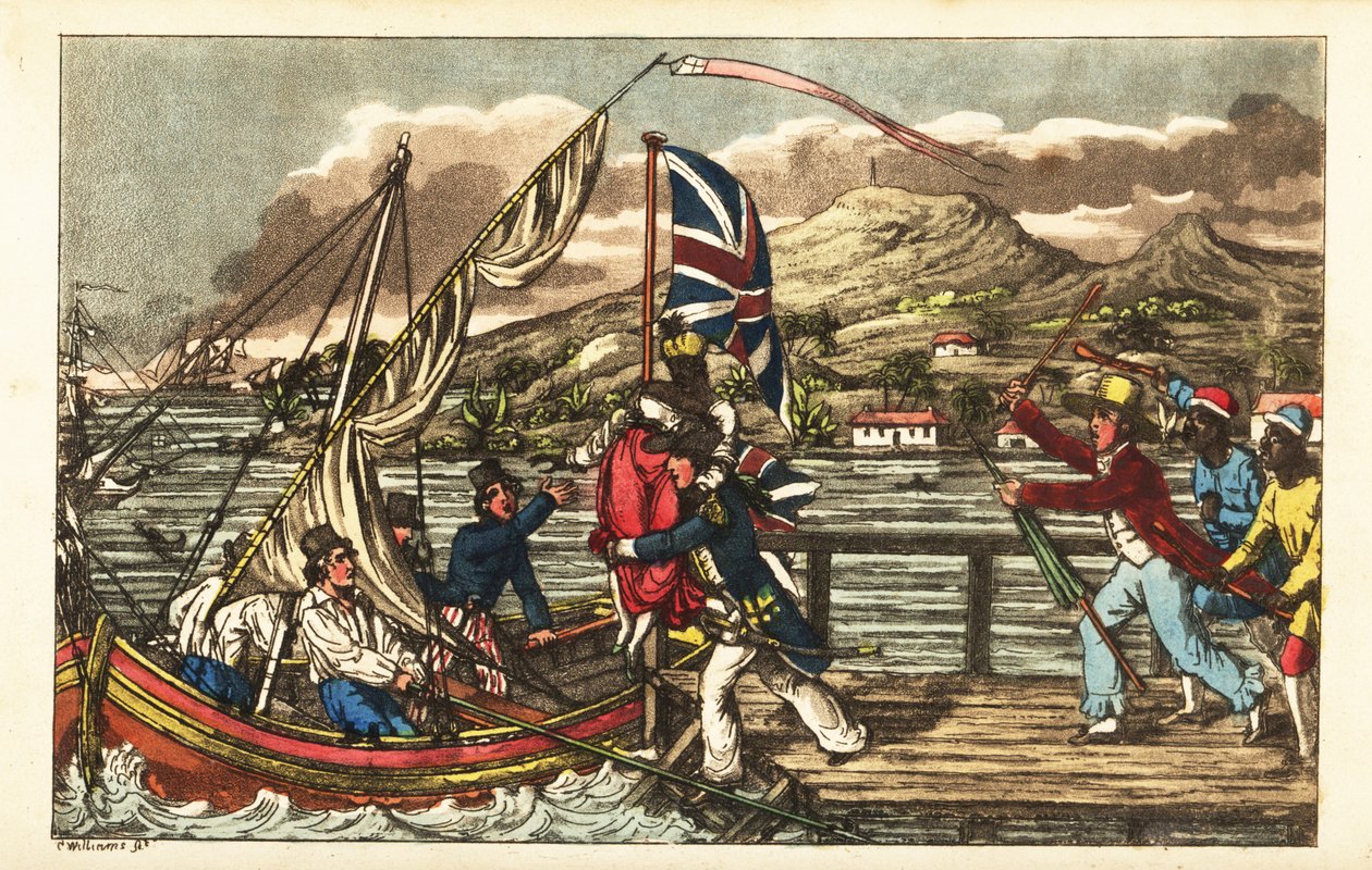 Engelsk marineoffiser kidnapper en slavebundet kvinne på Barbados Pier, forfulgt av ektemannen hennes og plantasjearbeidere av Charles (c.1797 1850) (after) Williams