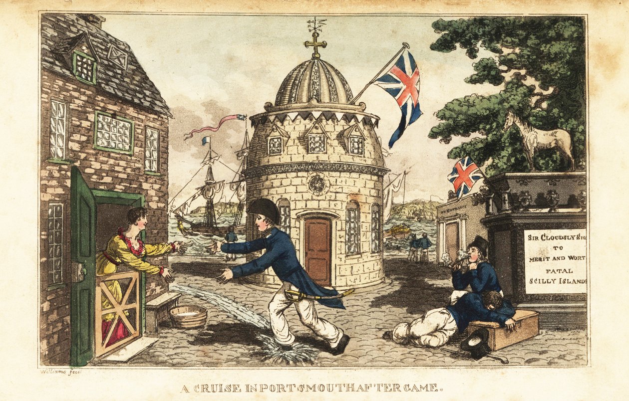 Johnny Newcome på land forlater å besøke Poll Raffle, en prostituert i Prospect Row av Charles (c.1797 1850) (after) Williams