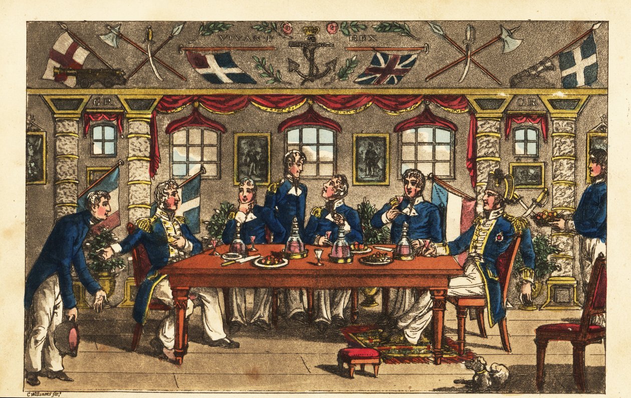 Midshipman Newcome bukker når han forlater middagen i kapteinens hytte, HMS Victory av Charles (c.1797 1850) (after) Williams