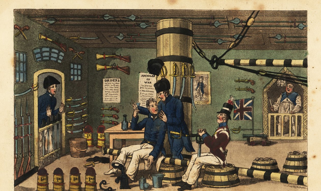 Midshipman Newcome innesperret i jernlenker i våpenrommet for å ha slått Doctor Pestle av Charles (c.1797 1850) (after) Williams