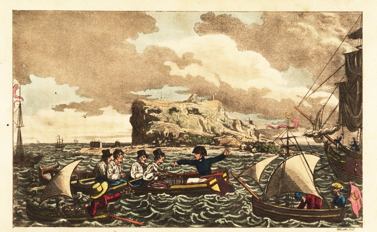 Midshipman Newcome overført med robåt til HMS Vanguard nær Gibraltar av Charles (c.1797 1850) (after) Williams
