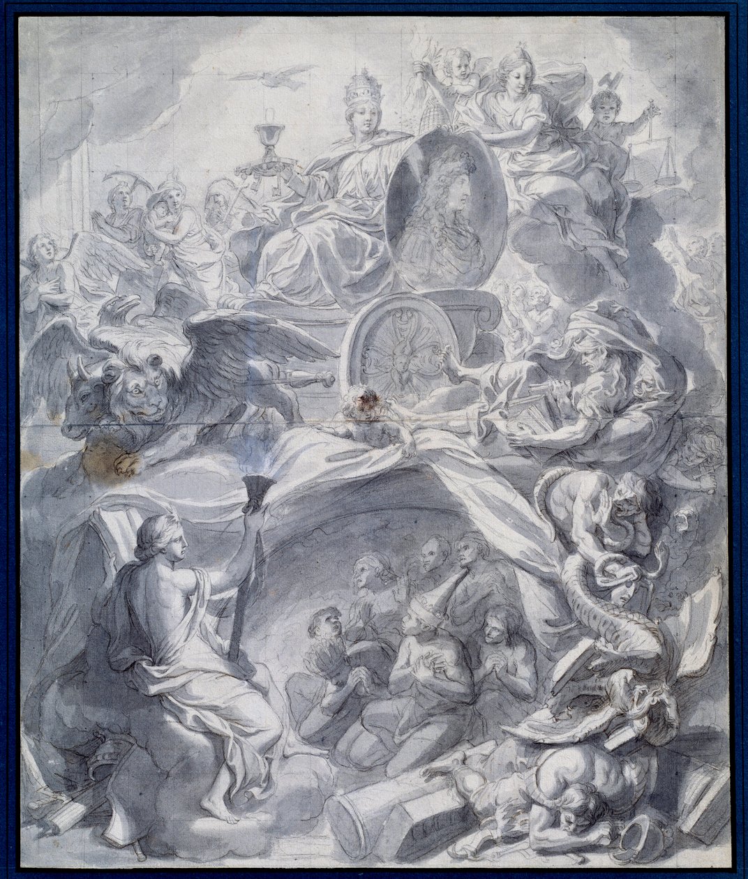 Allegori: "" The Victorious Church of Heresie or the Triumph of Religion"" Tegning av en gouache og vask av verkstedet til Charles Lebrun (Le Brun) (1619-1690) Paris fra 1600-tallet, Musee du Louvre av Charles (studio of ) Le Brun