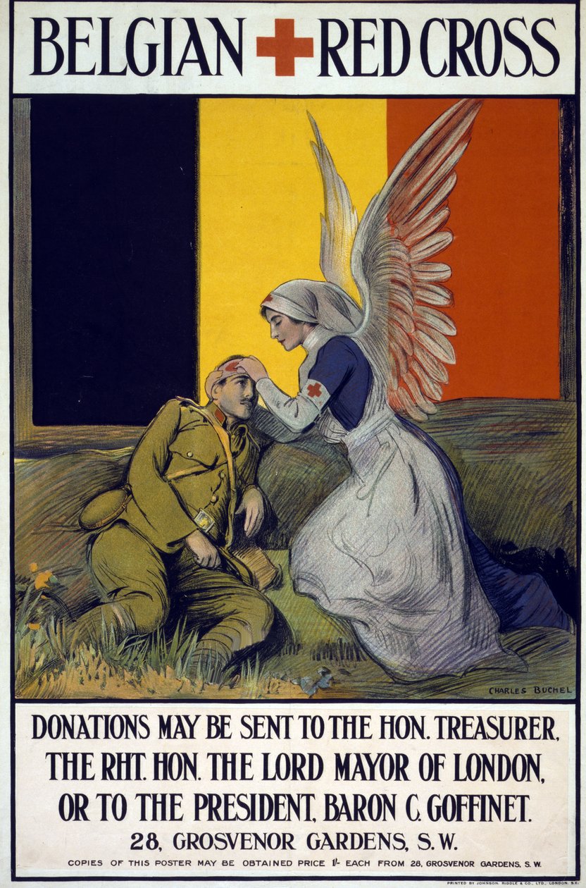 Innsamlingsplakat for det belgiske Røde Kors, pub. 1914-18 (farge litho) av Charles A. Buchel