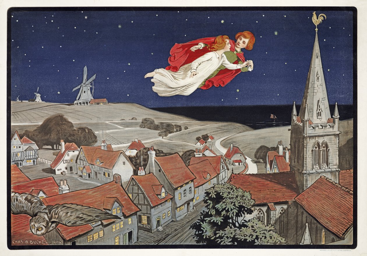 Peter og Wendy Flying fra Peter Pan av J M Barrie (1860 - 1937), pub.1904 (farge litho) av Charles A. Buchel