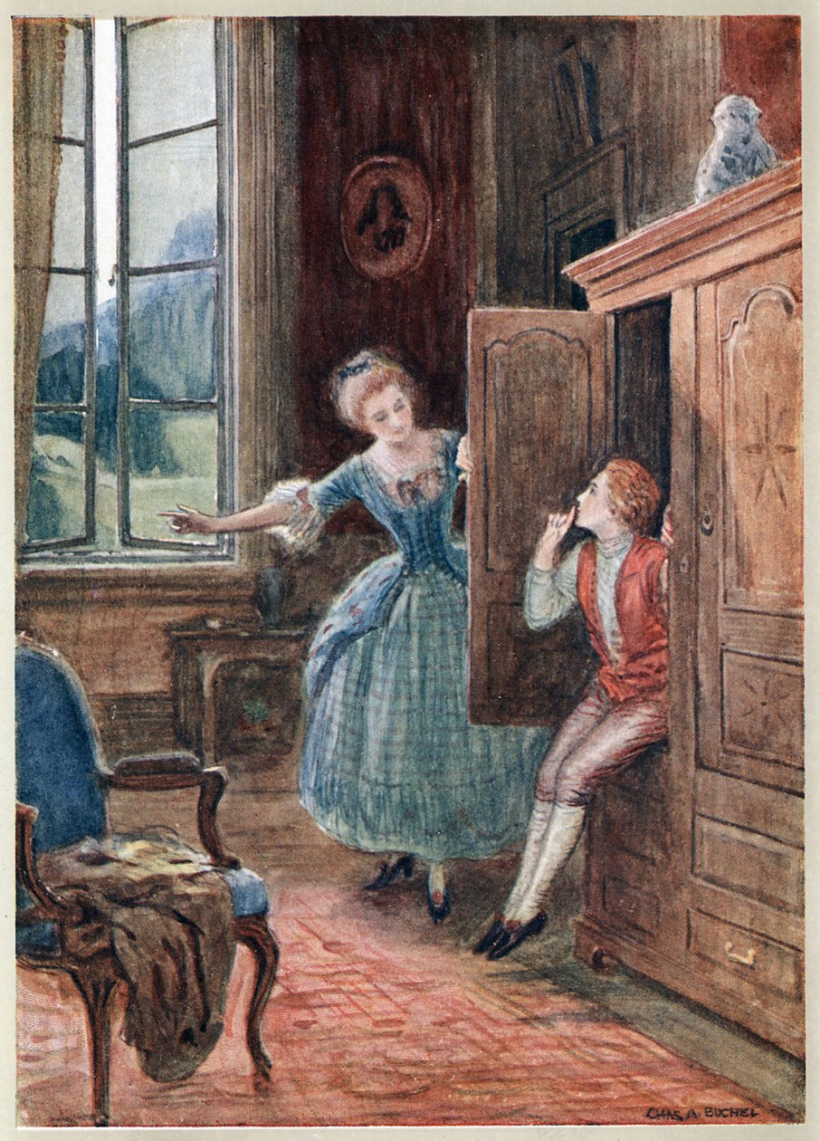 Scene fra Mozarts opera Figaros bryllup. (Le Nozze di Figaro), komisk opera (opera buffa) med libretto av Lorenzo da Ponte (1749-1838) etter Beaumarchais, første gang fremført 1. mai 1786 ved Burgtheater, Wien. av Charles A. Buchel