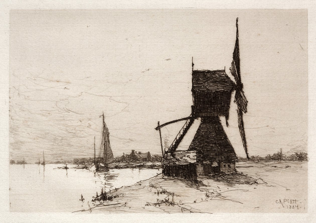Vindmølle langs kysten, 1884. av Charles Adams Platt