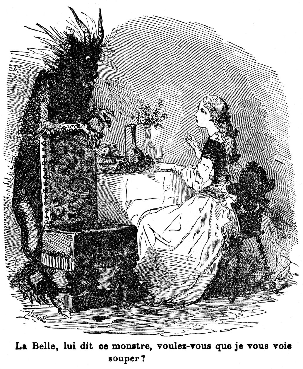 Illustrasjon for historien om fru Jeanne Marie Leprince de Beaumont "Skjønnheten og Bete", 1800-tallet av Charles Albert dArnoux Bertall