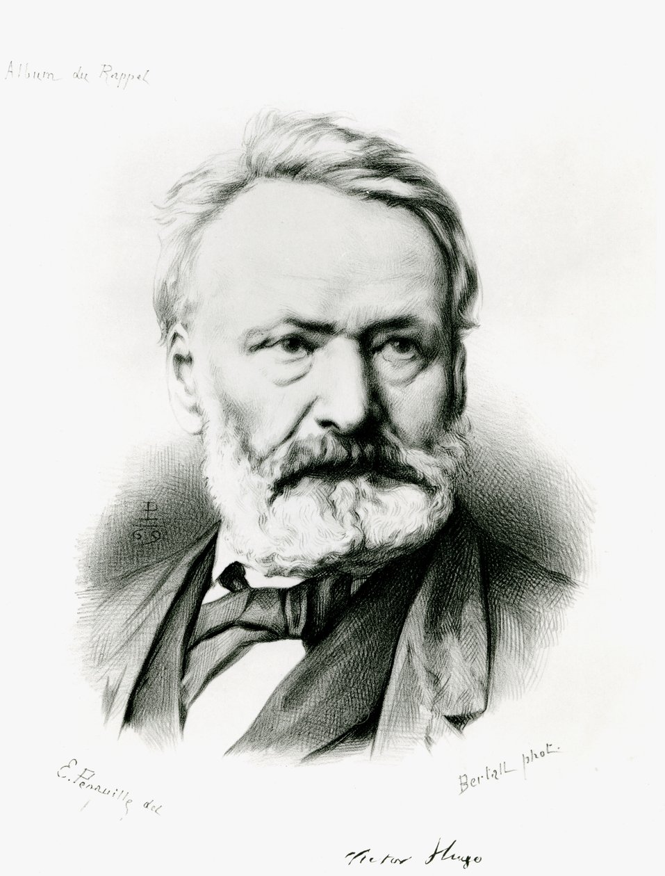 Portrett av Victor Hugo (1802-85) fra 'Album du Rappel', gravert fra et fotografi av Edme Penauille (d.1871) 1869 av Charles Albert d Arnoux Bertall