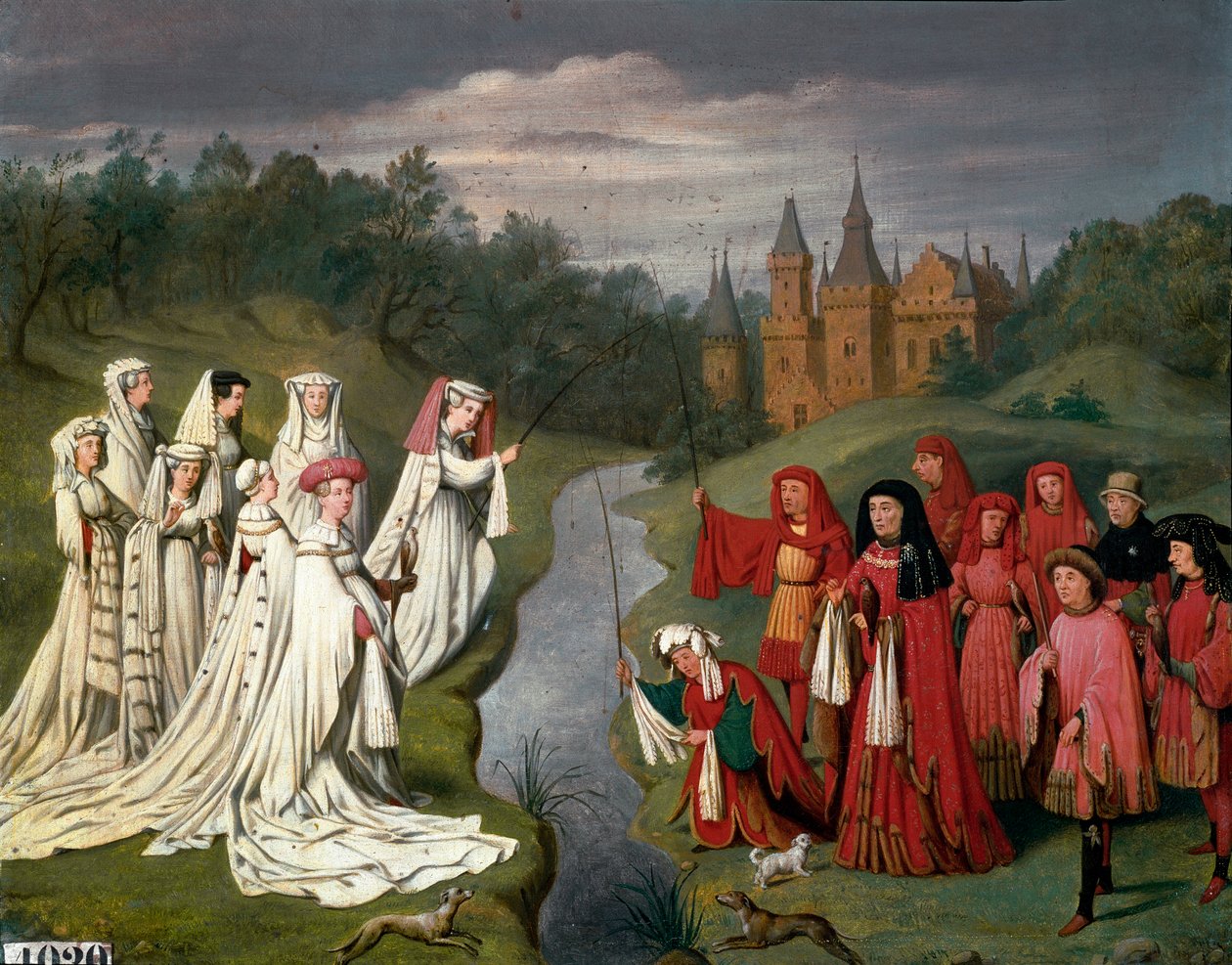 Ni prinser og åtte prinsesser av huset i Burgund fra Philippe the Hardi til Charles the Temeraire, jakter på en falk eller fisker en line i parken til et slott Maleri av Charles Alexandre (Charles-Alexandre) Debacq (1804-1850), etter Jan Van Eyck av Charles Alexandre Debacq