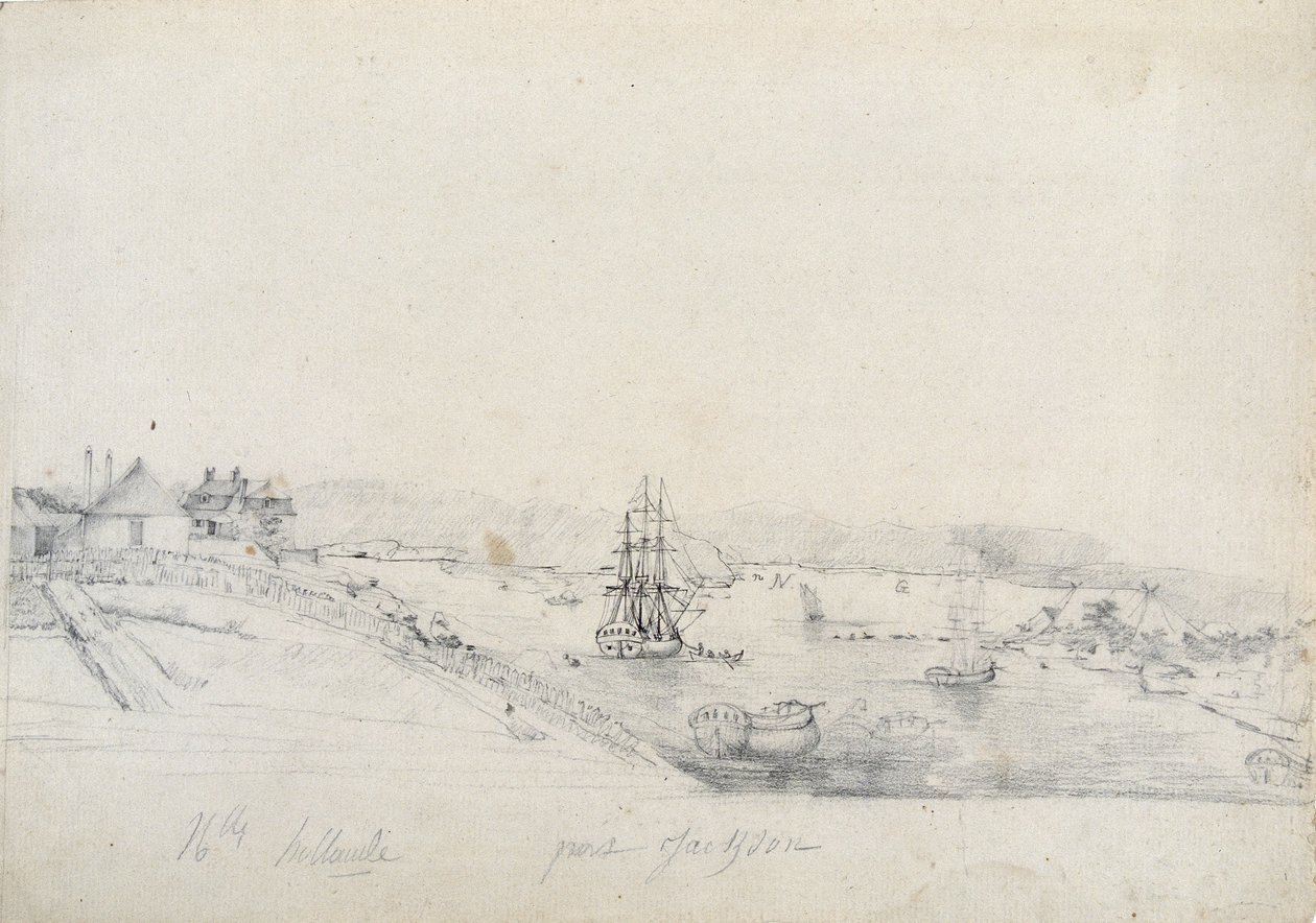 Til høyre, leiren til franskmennene fra Baudin-ekspedisjonen til Bennelong-punkt, venstre, Sydney, hjemmet til Nicolas Bayley - blyant og blekk av Charles Alexandre Lesueur av Charles Alexandre Lesueur