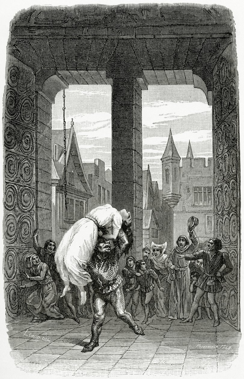 Quasimodo redder Esmeralda fra henrettelse - illustrasjon fra Notre Dame de Paris, 1800-tallet (bw gravering) av Charles Alexandre Lesueur