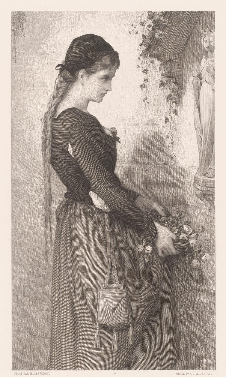 Ung kvinne bringer blomster til nisje med statue av Maria Marguerite (tittel på objekt) av Charles Alphonse Deblois