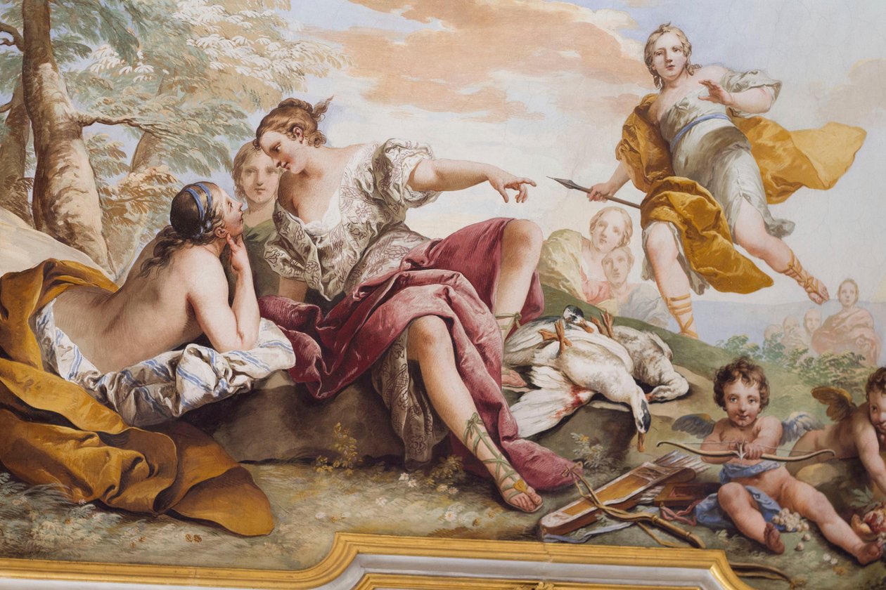 Resten av Diana blant nymfene, av Charles-Andre van Loo (1705-1765), freskomaleri, hvelvet tak på soverommet, Dronningens leilighet, Stupinigi, Piemonte, Italia av Charles André van Loo