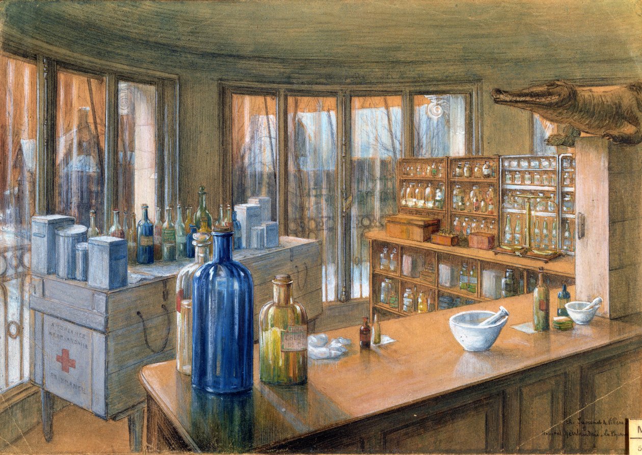 Apoteket til det nederlandske militærsykehuset i Paris, 1917 (blyant og kritt på papir) av Charles Andre Igounet de Villers