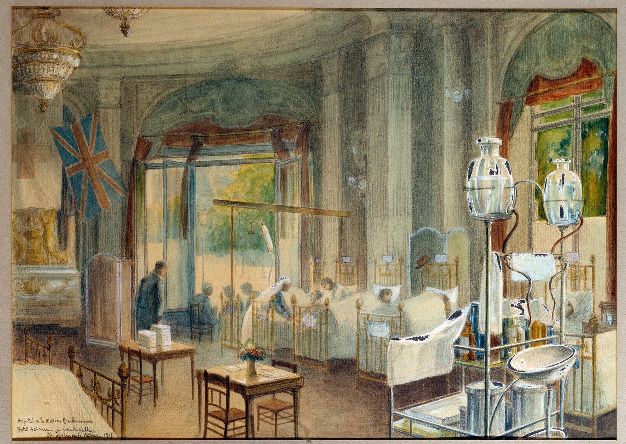 Utsikt over det store rommet til det britiske sykehuset på Hotel Astoria. Maleri av Charles Igunet De Villers (1881 - 1944) av Charles Andre Igounet de Villers