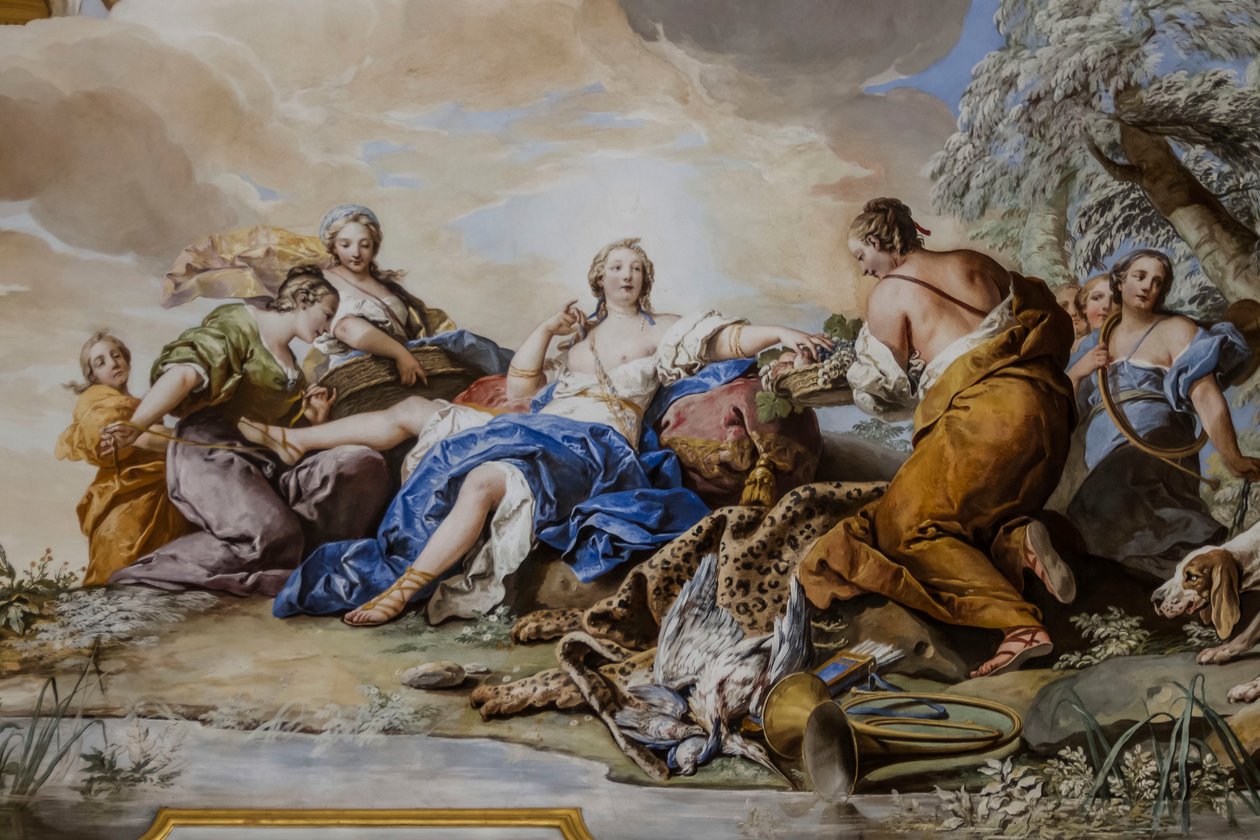 Resten av Diana blant nymfer, av Charles-Andre van Loo (1705-1765), freskomaleri av Charles André van Loo