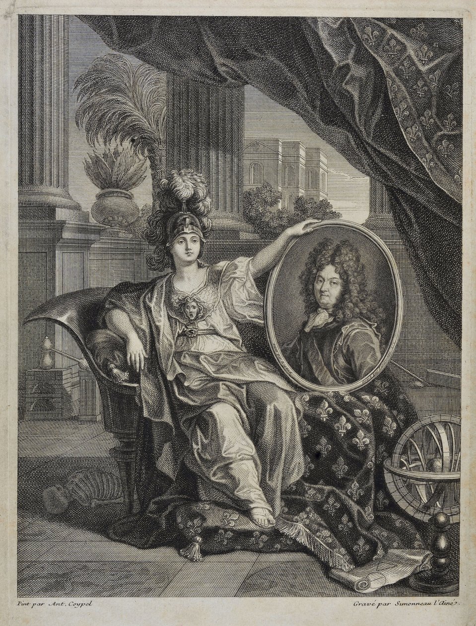 Louis XIV (1638-1715), King of France, Protector of Sciences - engraving by Antoine Coypel in “History of the Royal Academy of Sciences”” 1703 av Charles Antoine (after) Coypel