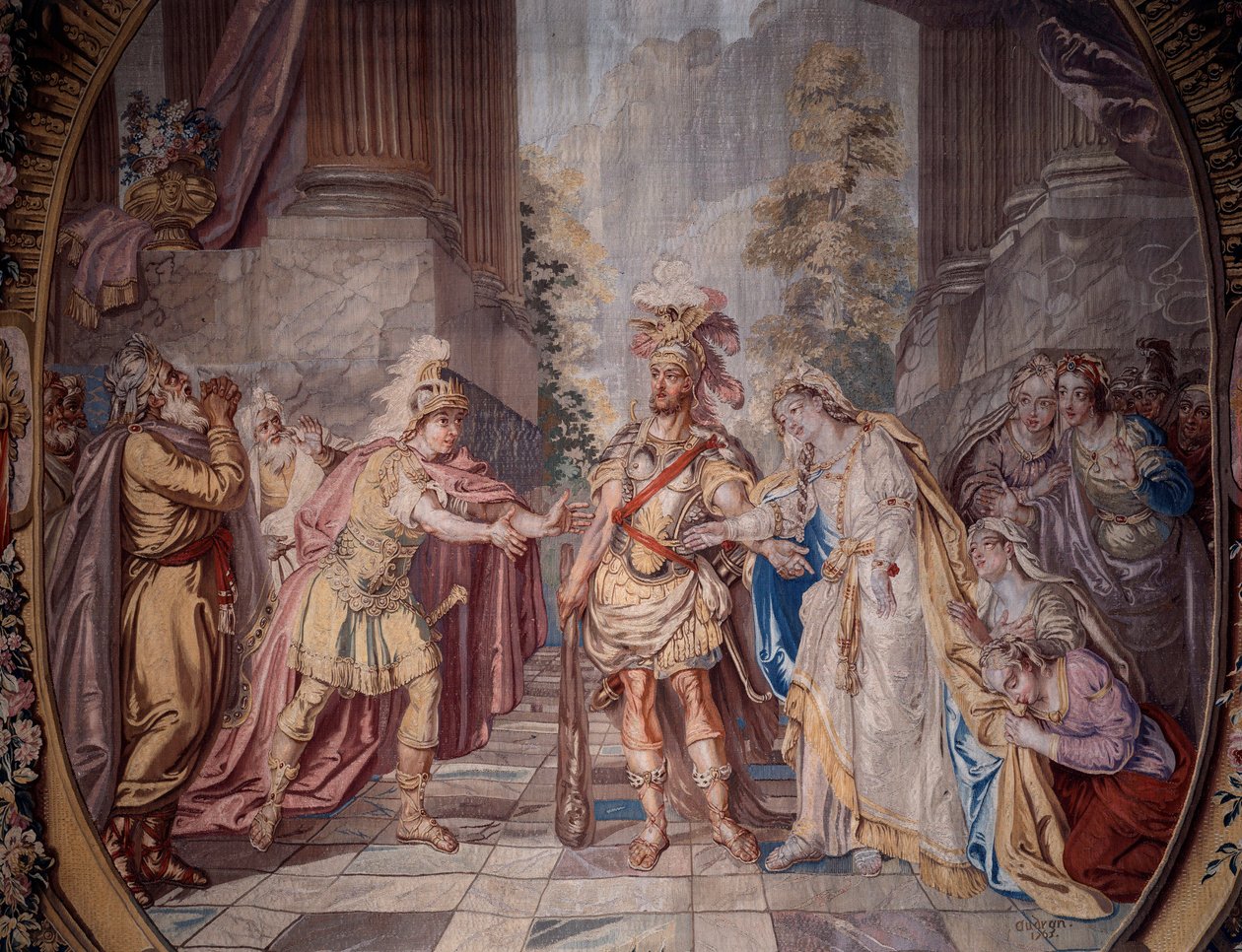 Scenografi: "" Alceste"" Representasjon av scene 4 i akt V i operaen av Philippe Quinault (1635-1688) satt til musikk av Jean Baptiste Lully (Giovanni Battista Lulli) (1632-1687). Detalj av et billedvev av Charles Antoine Coypel (1694-1752) 1764 laget i Mi av Charles Antoine (after) Coypel
