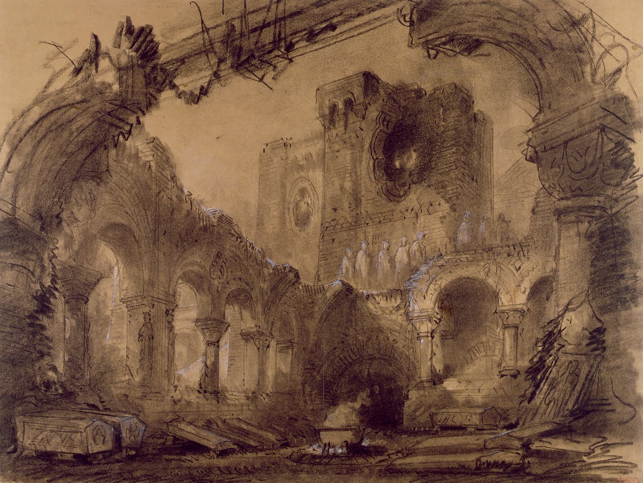 Ruiner, naturdesign for en forestilling av 'Macbeth' av Giuseppe Verdi (1813-1901) på Theatre Lyrique, Chatelet, Paris, 1865 (kull og hvitt kritt på papir) av Charles Antoine Cambon