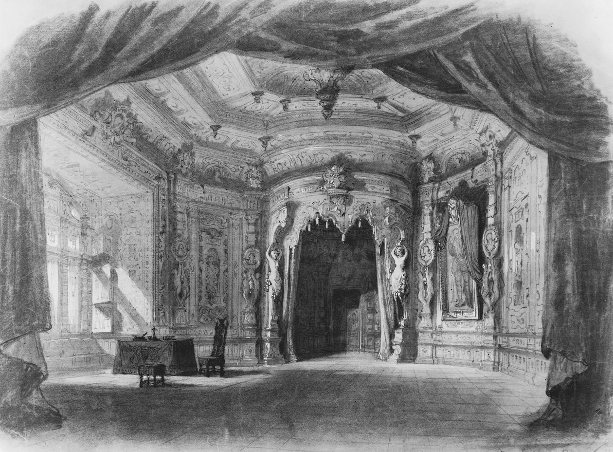 Scenesett for Don Giovanni, opera av Wolfgang Amadeus Mozart (1756-91) (wc på papir) av Charles Antoine Cambon