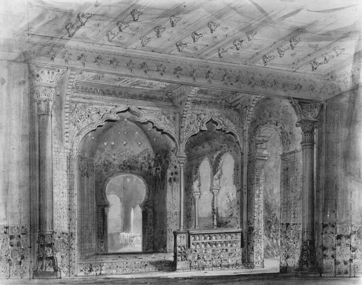Scenesett for Le Corsaire av Adolphe Adam (1803-56) (penn og blekk og wc på papir) av Charles Antoine Cambon