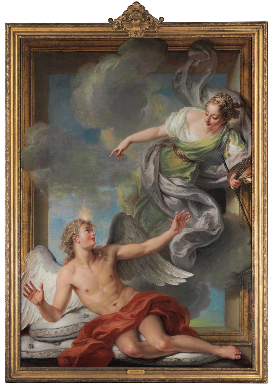 Maleri Awakening Sleeping Genius av Charles Antoine Coypel