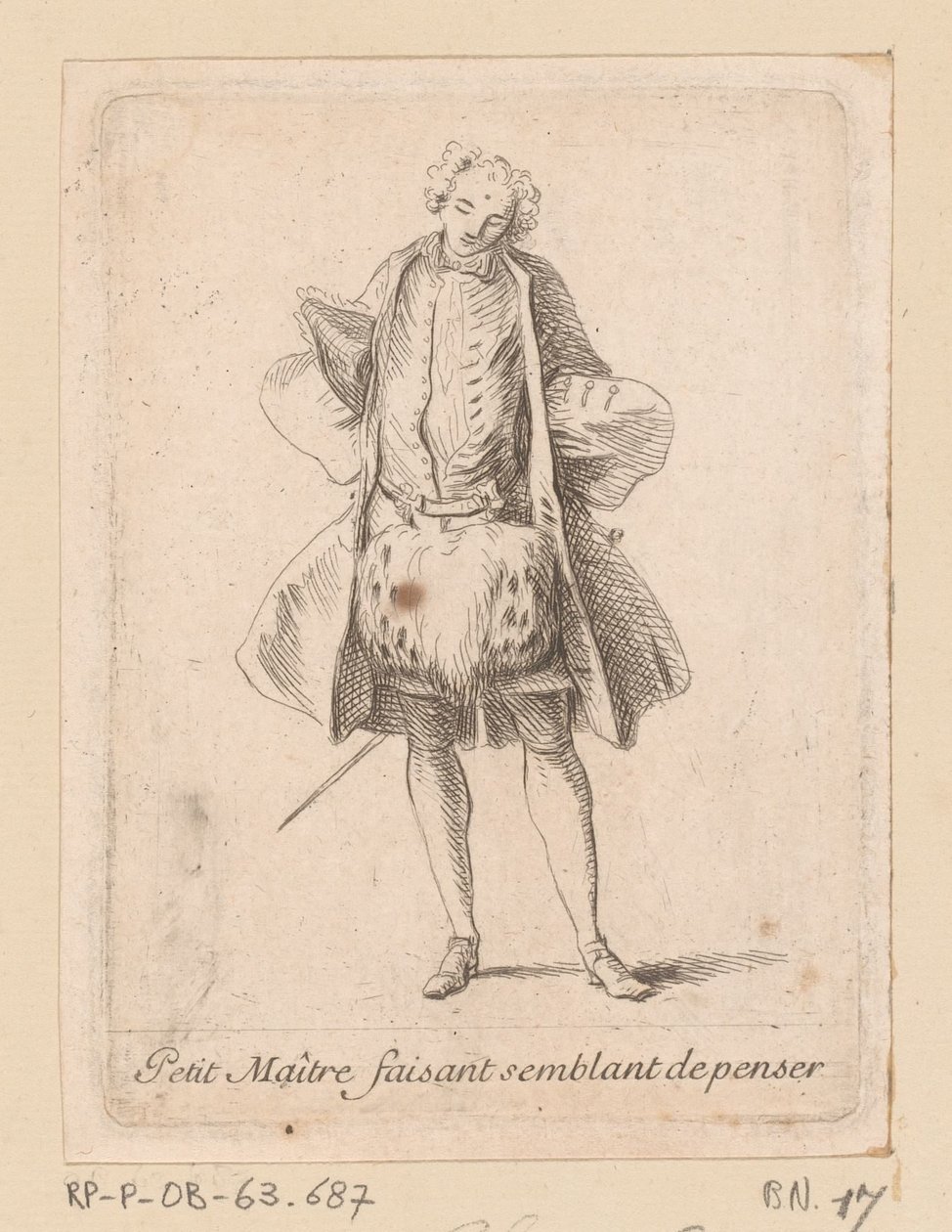 Stående adelsmann sett forfra Petit Maître faisant semblant de penser (tittel på objekt) Figures de modes (serietittel) av Charles Antoine Coypel
