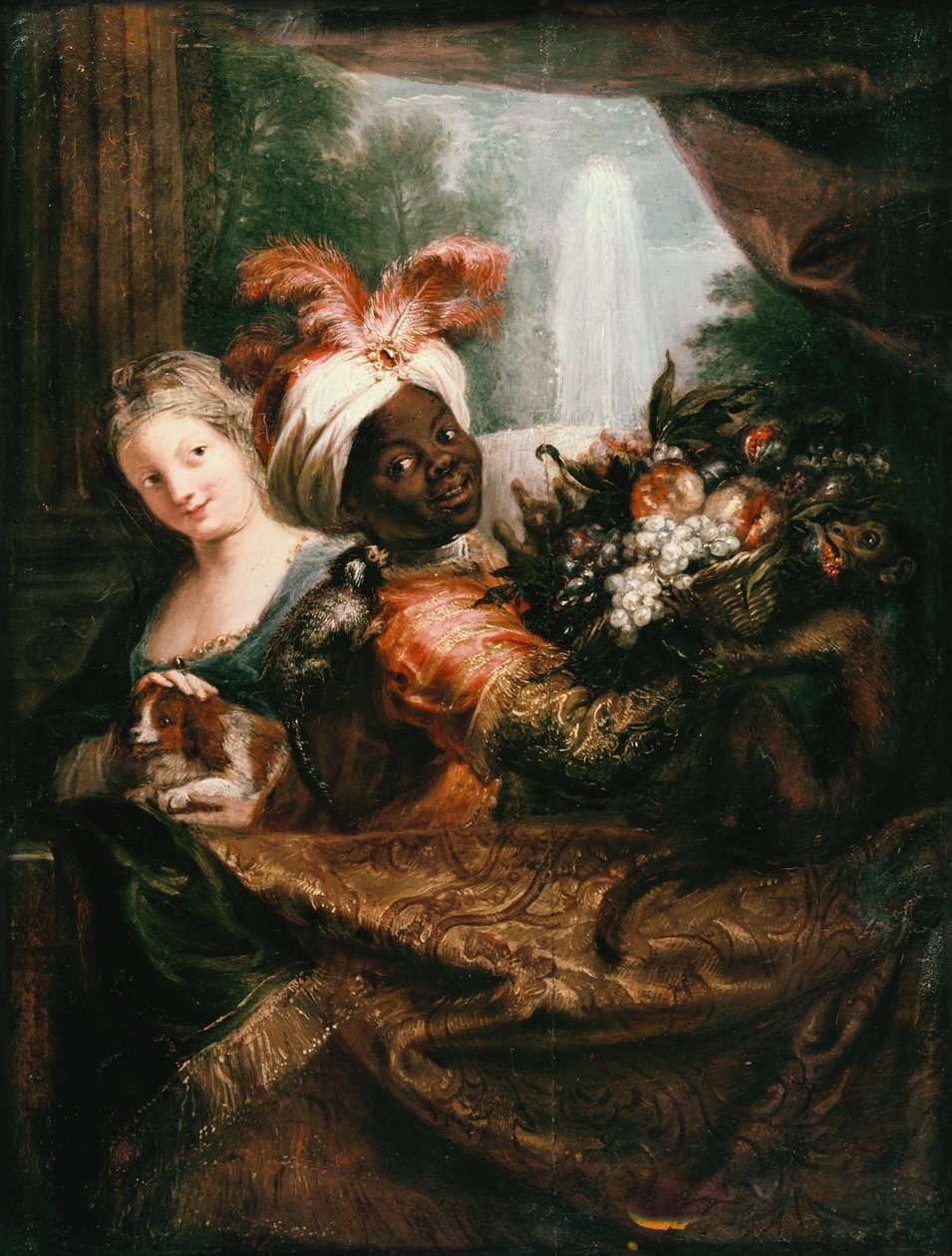 Ung svart mann som holder en kurv med frukt og en ung jente som stryker en hund av Charles Antoine Coypel