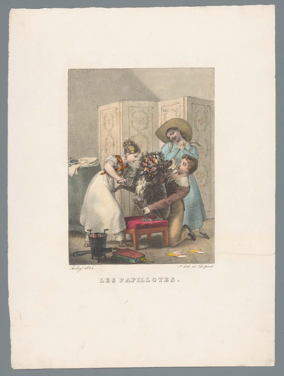 Tre barn krøller en hund med papilloter Les papillotes (tittel på objekt) Barnelek og ugagn (serietittel) Les jeux de l'enfance (serietittel) av Charles Aubry