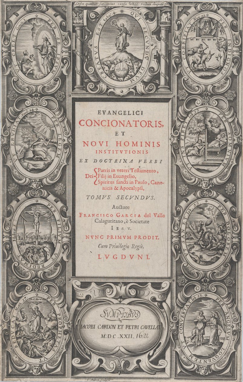 Frontispice for den evangeliske predikanten og den nye manns institusjon, 1622. av Charles Audran
