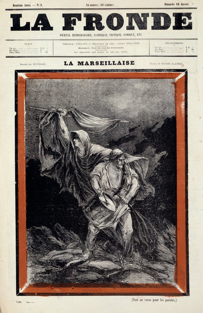 La marseillaise dessin dukket opp i avisen la sling. Gravering av Charles Auguste Dit Montbard Loye (1841-1905) av Charles Auguste Loye