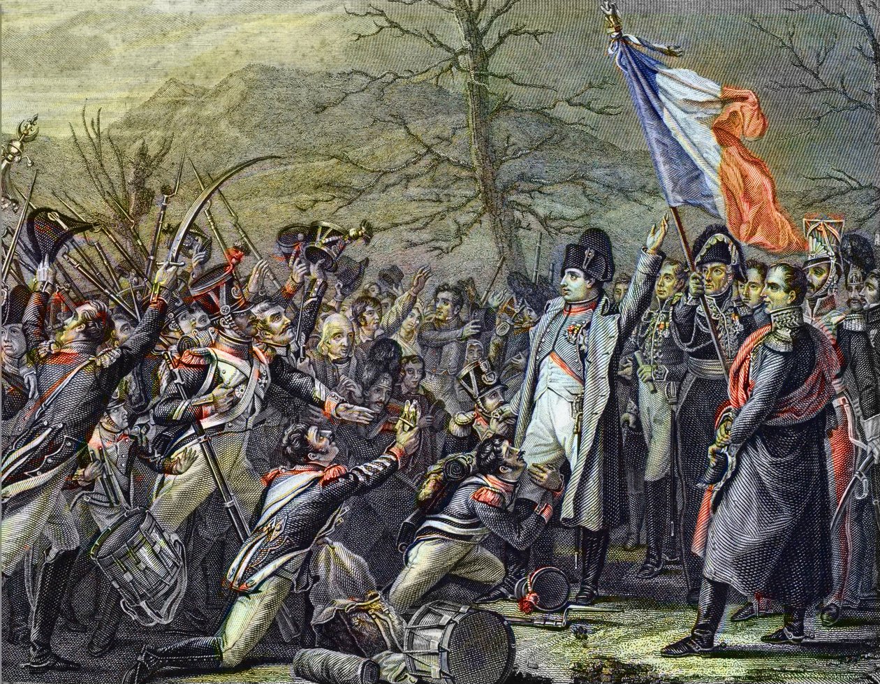 Napoleon på vei tilbake fra Elba - gravering etter Steuben - "" Returen av Napoleon I fra Elba Island, debarque til Cannes 1. mars 1815"" av Charles Auguste (after) Steuben