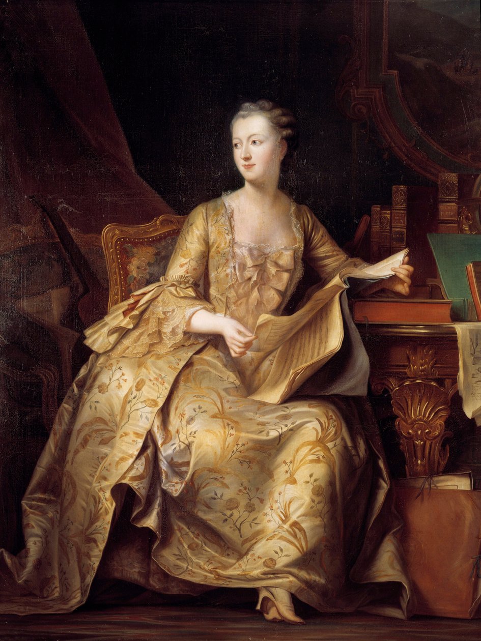 Portrett av Jeanne Antoinette Poisson, Madame de Pompadour (kjent som Marquise of Pompadour) (1722-1764) med et partitur med musikk, Maleri av Charles Auguste Steuben (1788-1856) (ec.alle) 1800-tallets søn. 1,65x1,32 m av Charles Auguste Steuben