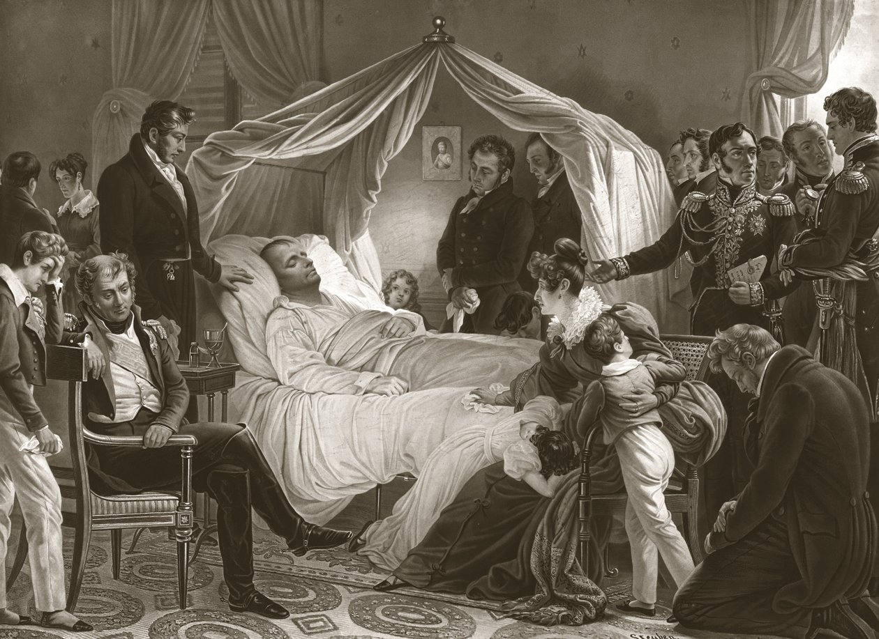 Napoleon på sitt dødsleie, 5. mai 1821 av Charles Auguste after Steuben