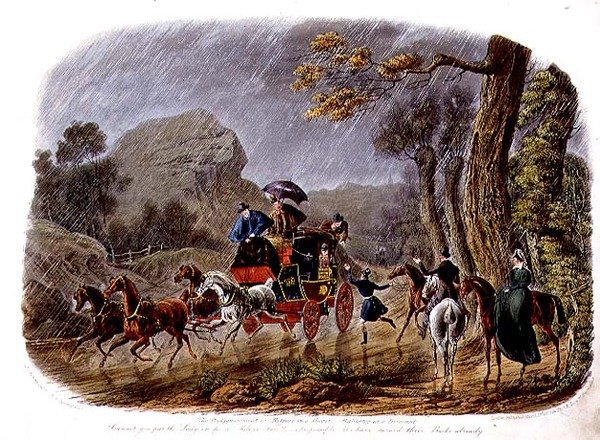 "The Disappointment, or Retreat in a Shower", gravert av R.G. Reeve (fl.1811-37) pub. av Thomas McLean av Charles B. (after) Newhouse