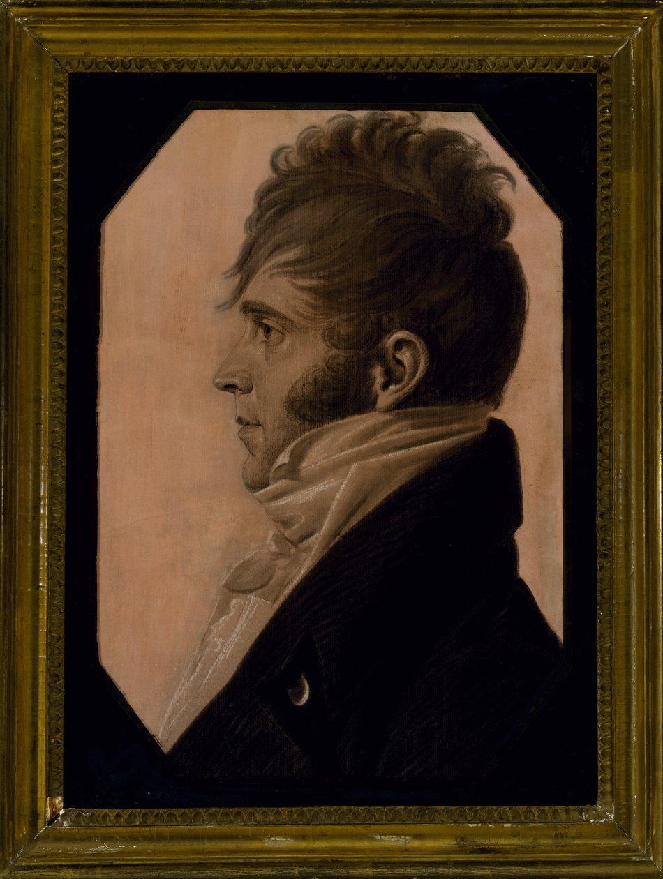 Portrett av en mann, ca. 1804 (svart kritt forhøyet med hvitt på rosa papir) av Charles Balthazar Julien Févret de Saint Mémin