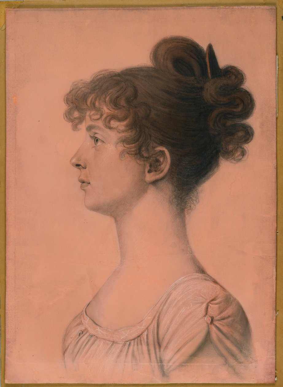 Portrett av Elizabeth Bland Mayo fra Powhattan Seat, ca. 1808 (kull, hvitt kritt og bistre pastellkritt på papir lagt om bord) av Charles Balthazar Julien Févret de Saint Mémin