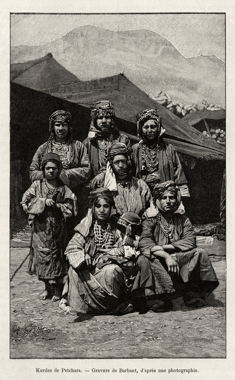 Kurderne i Petchara (Tyrkia). Gravering av Barbant for å illustrere historien "Gjennom russisk Armenia, Karabagh, Arax-dalen, Ararat-massivet" "av Madame B. Chantre, i Le tour du Monde 1892, regissert av Edouard Charton (1807-1891), Hachette, Paris. av Charles Barbant