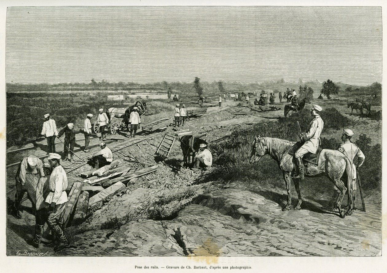 Legging av transkaspiske skinner. Gravering av Ch. Barbant for å illustrere historien Voyage a Merv, av Edgar Boulanger, i le tour du monde 1887, regissert av Edouard Charton (1807-1890), Hachette, Paris. av Charles Barbant
