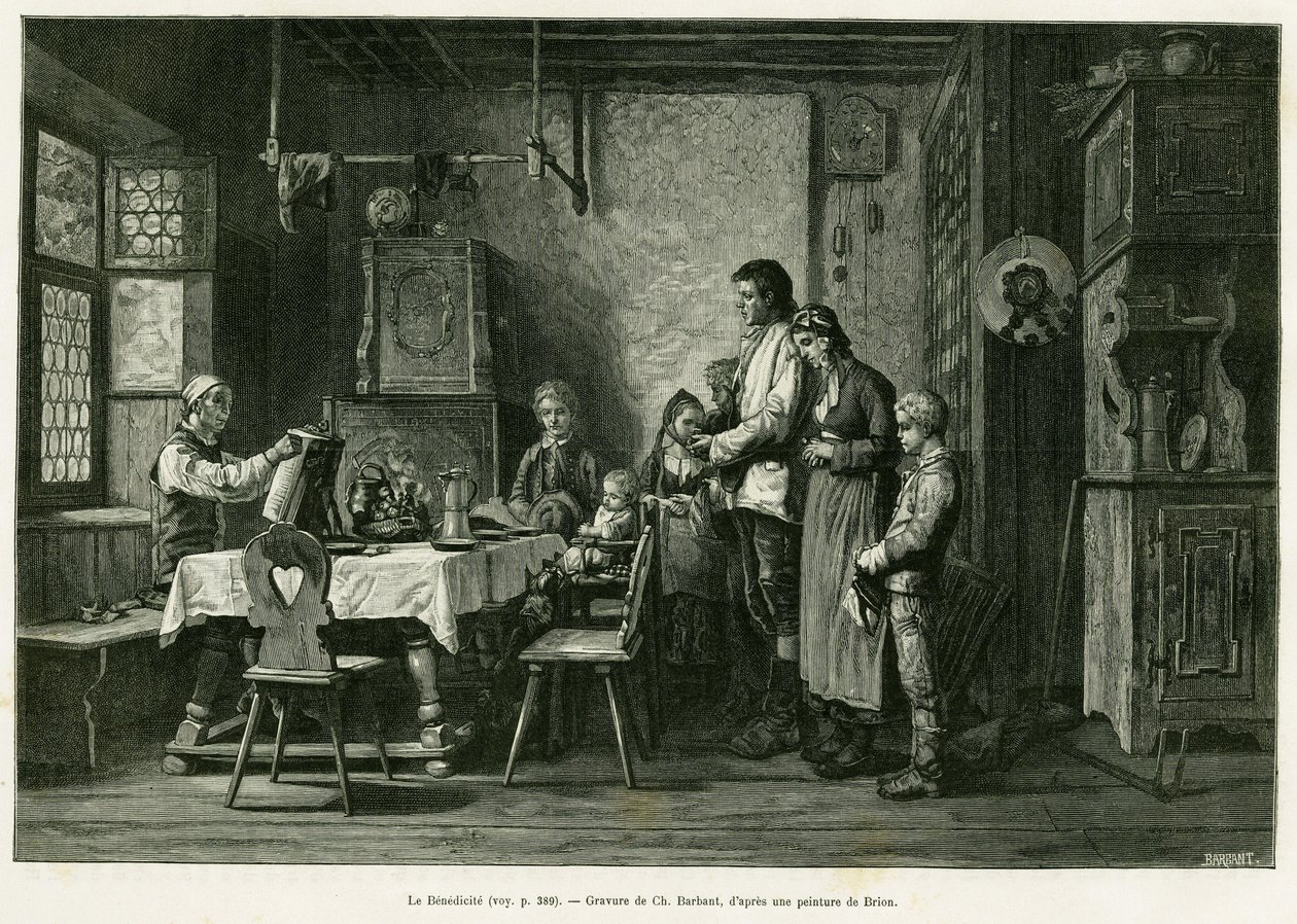 Den velsignede. Barbant-gravering etter et maleri av Brion, for å illustrere historien A Through Alsace and Lorraine, av Charles Grad, tysk deputert, i 1884, i tour du monde 1886, regissert av Edouard Charton (1807-1890), Hachette, Paris. av Charles Barbant