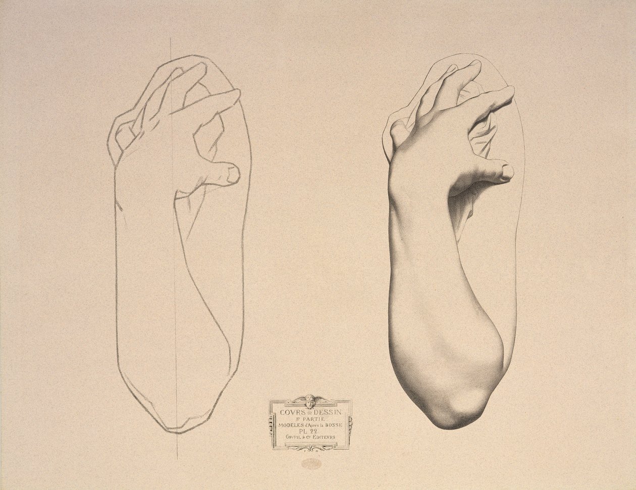 Bent Arm of a Woman, plate 22 fra Cours de Dessin bind I, Modeles dapres la bosse, ca. 1868 av Charles Bargue