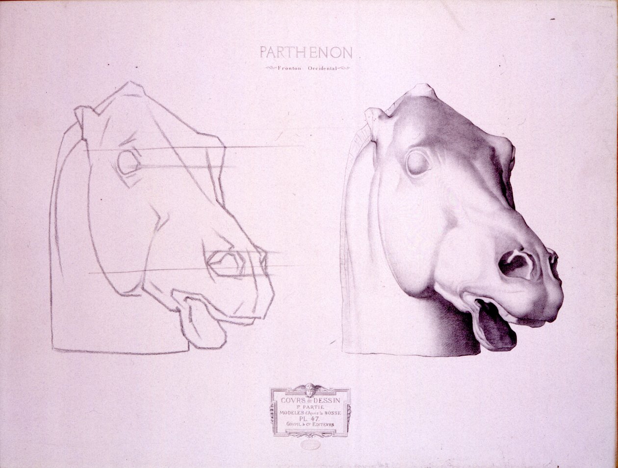 Hestehode fra West Pediment of the Parthenon, plate 47 fra Cours de Dessin, ca. 1898 av Charles Bargue