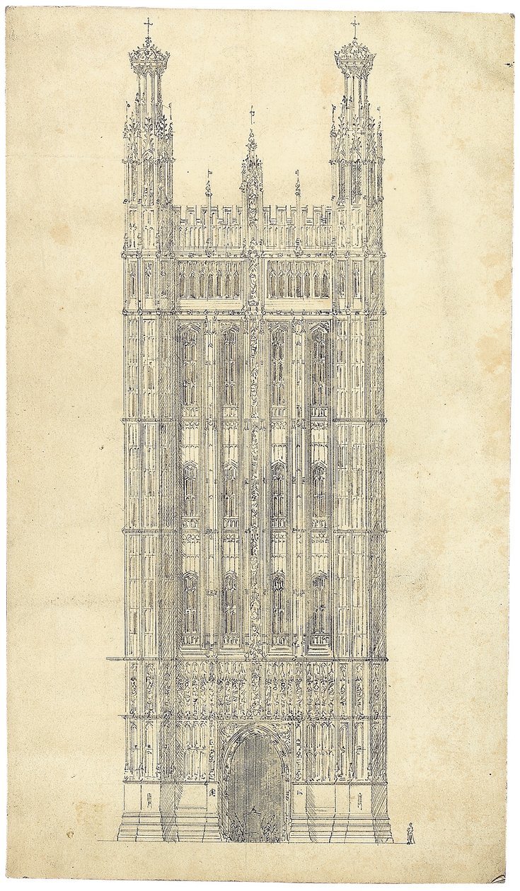 Tegning for Houses of Parliament, ca. 1836-40 (penn og blekk på papir) av Charles Barry