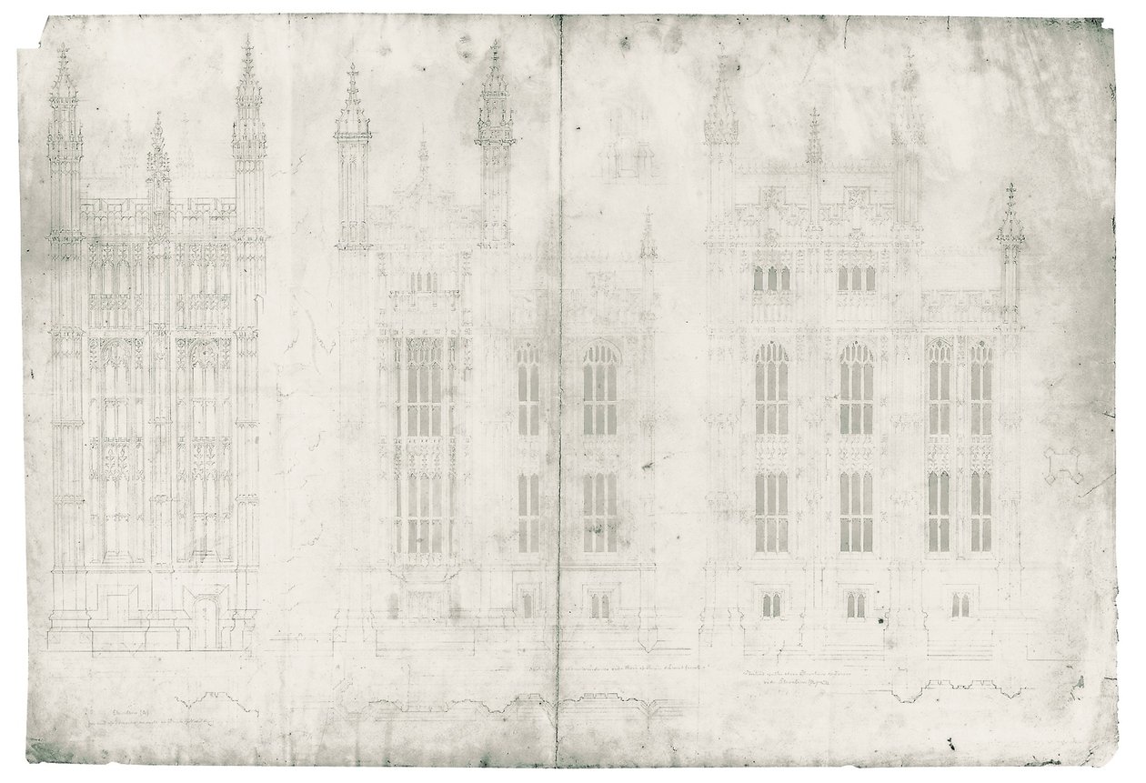 Tegning for Houses of Parliament, ca. 1836-40 (penn og blekk på papir) av Charles Barry