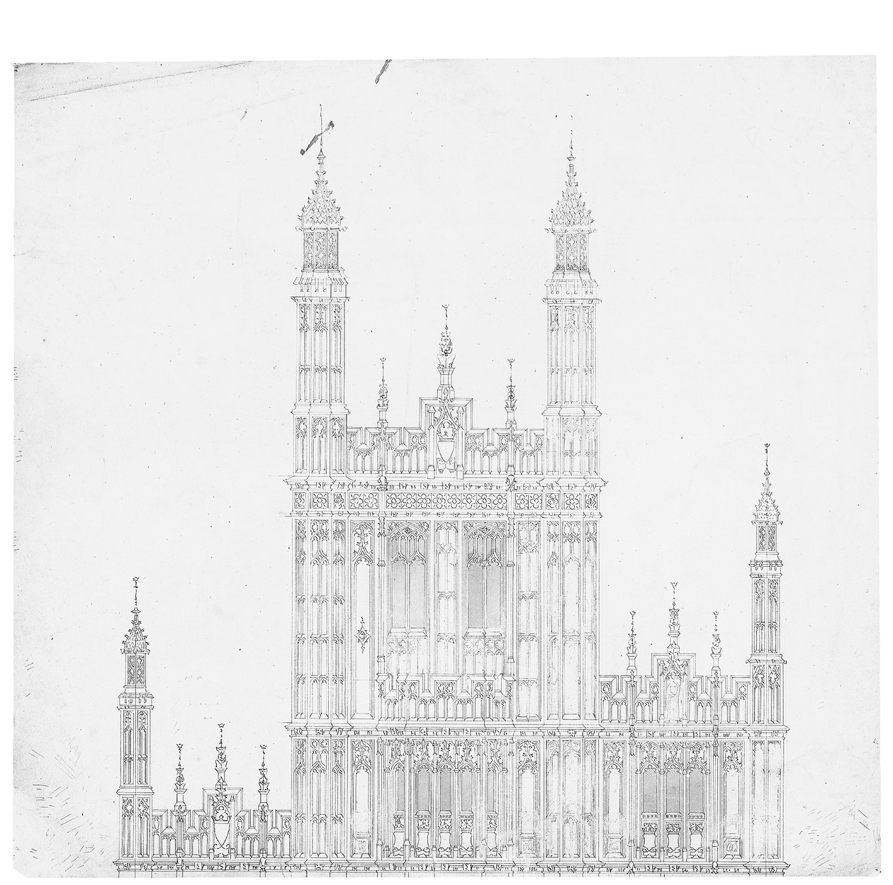 Tegning for Houses of Parliament, ca. 1836-40 (penn og blekk på papir) av Charles Barry