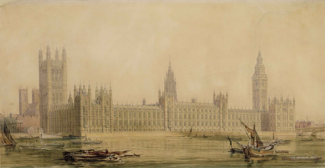 Perspektivvisning av de nye parlamentshusene, ca. 1840-tallet (wc over grafitt, gouache, penn og blekk på papir) av Charles Barry