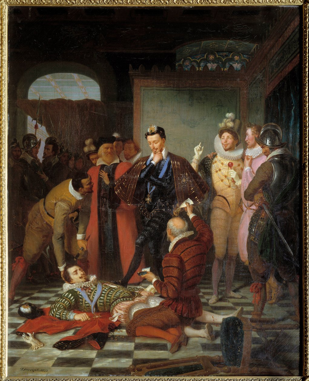 Henrik III, konge av Frankrike, skyver liket av Henri I av Lorraine, hertug av Guise kalt Balafre (1550-1588) etter attentatet hans på slottet Blois av Charles Barthelemy Durupt