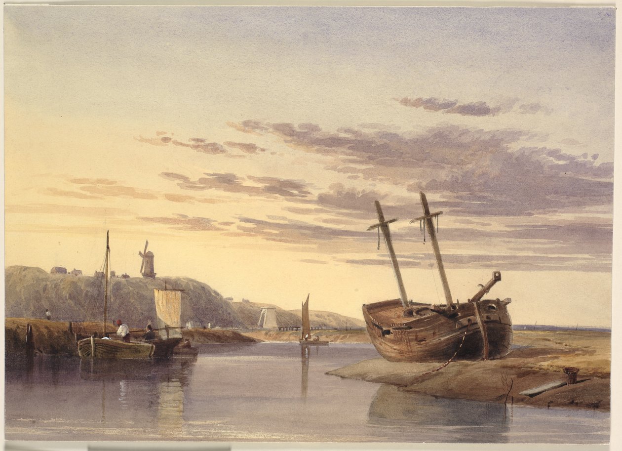Fiskebåter i Rye Havn, med vindmølle i det fjerne av Charles Bentley