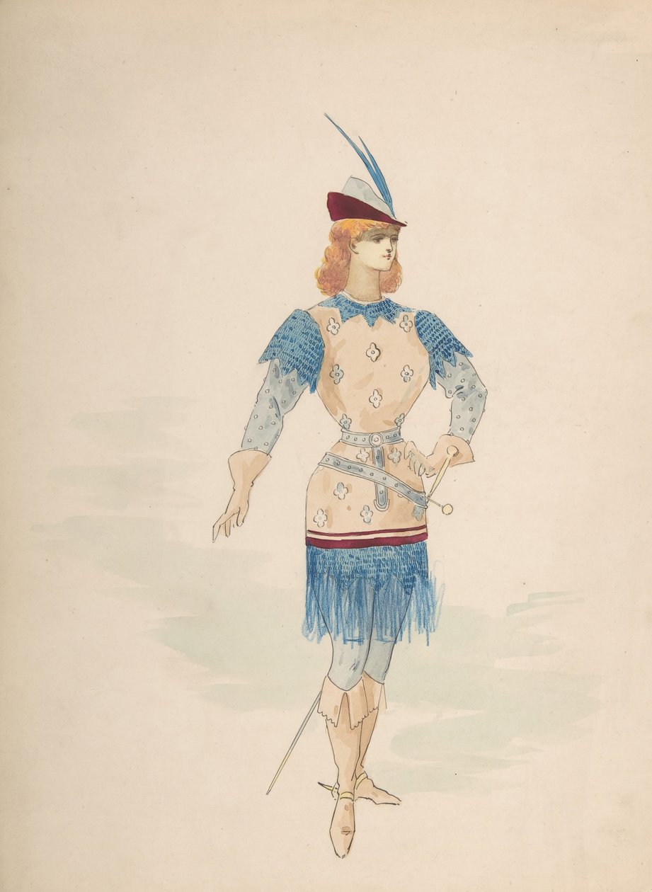 Kostymedesign for en kavaler i blått og burgunder med fjærkledd hette og sverd, nd. av Charles Bianchini